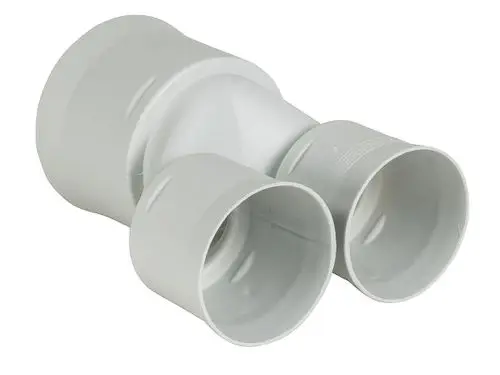 Adapter von Fränkische mit einem Hauptanschluss und zwei seitlichen Anschlüssen, alle in einer weißen Kunststoffausführung.